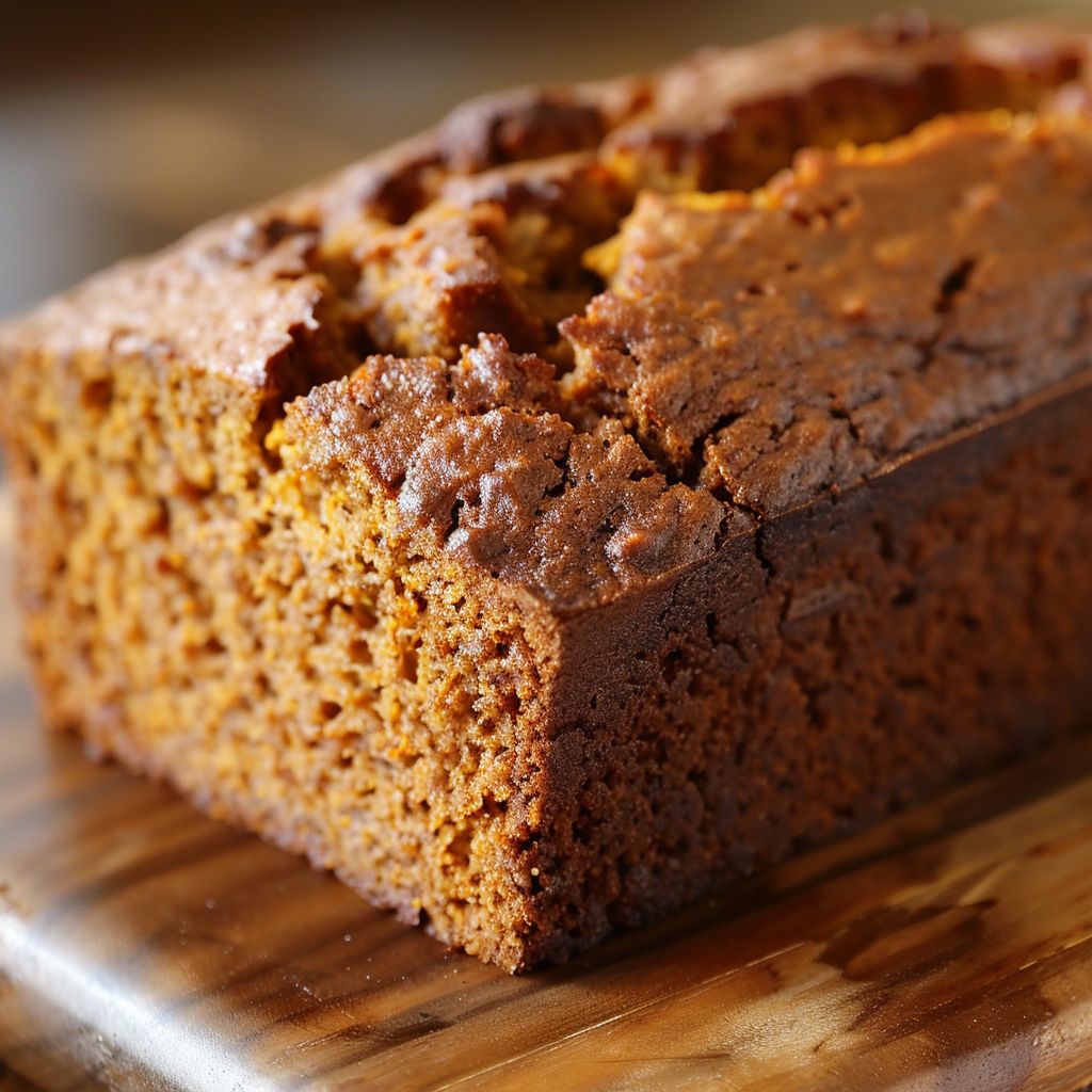 A freshly baked loaf of pumpkin bread on a wooden cutting board.