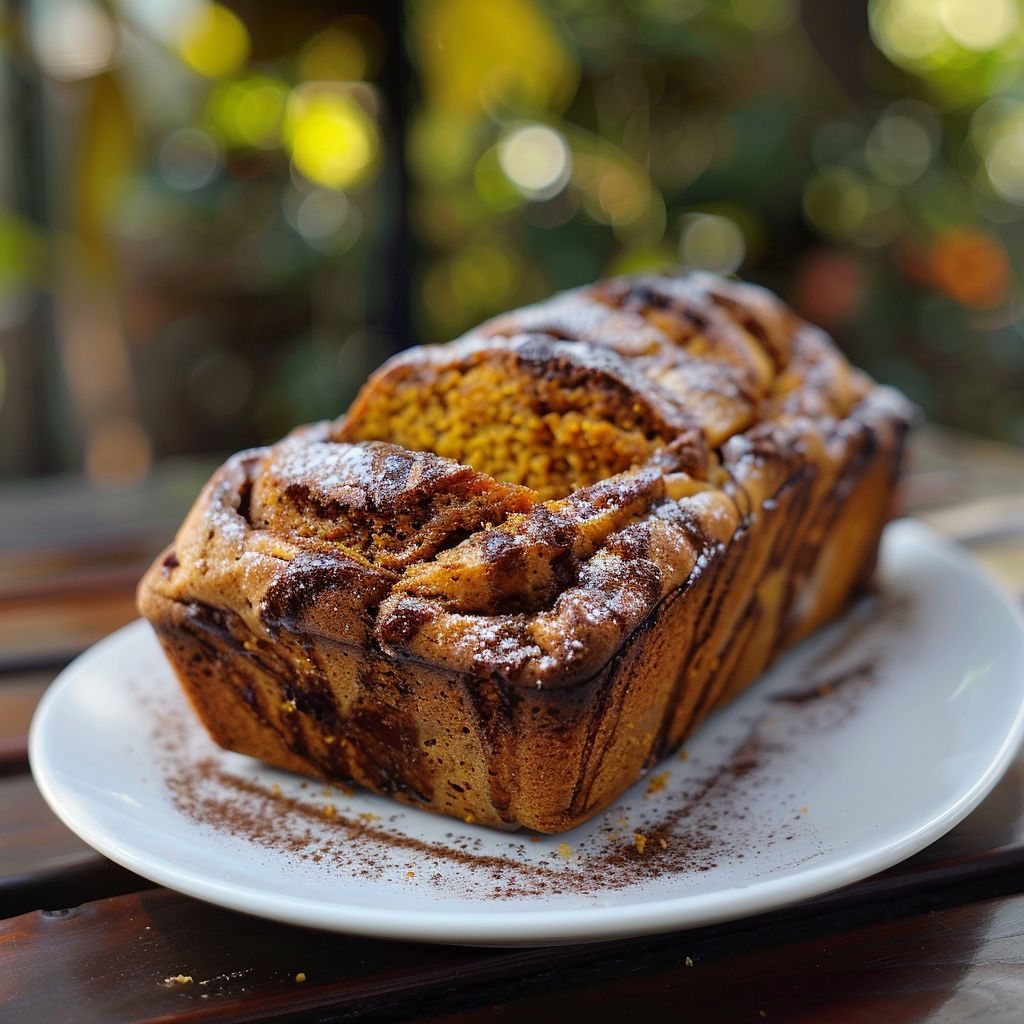 A loaf of cinnamon pumpkin bread with a golden crust, sliced to reveal its soft, moist interior.