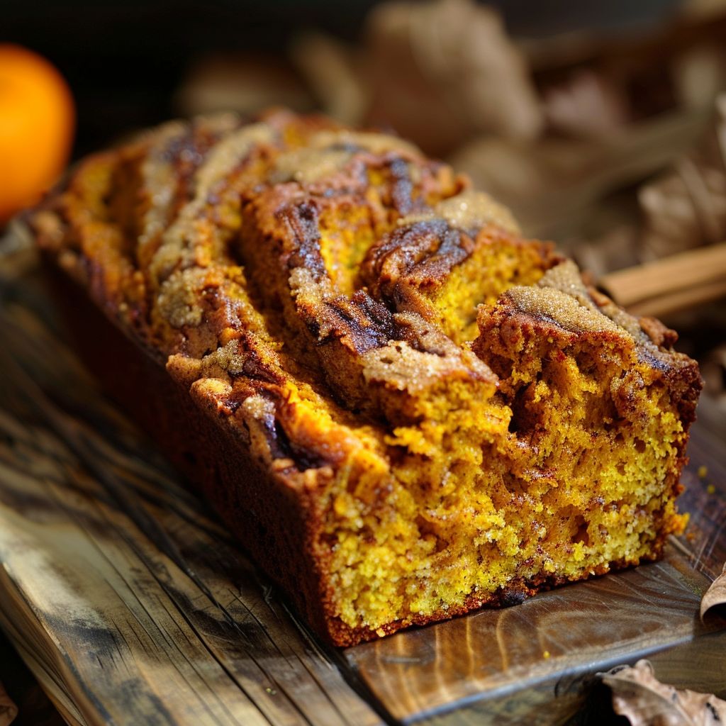 A freshly baked loaf of cinnamon pumpkin bread on a wooden cutting board, surrounded by scattered cinnamon sticks and pumpkin seeds.