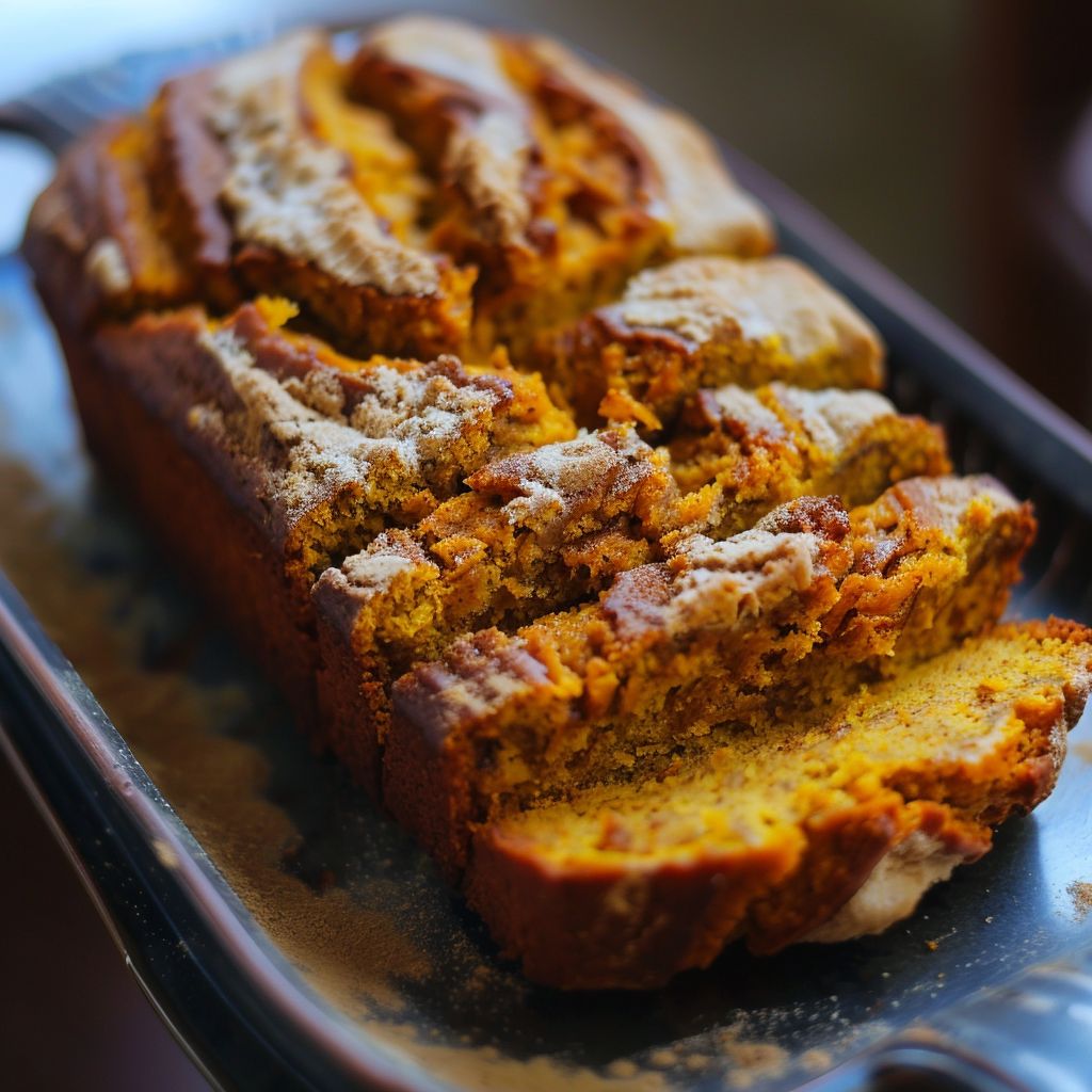 Loaf of cinnamon pumpkin bread on a rustic wooden table.