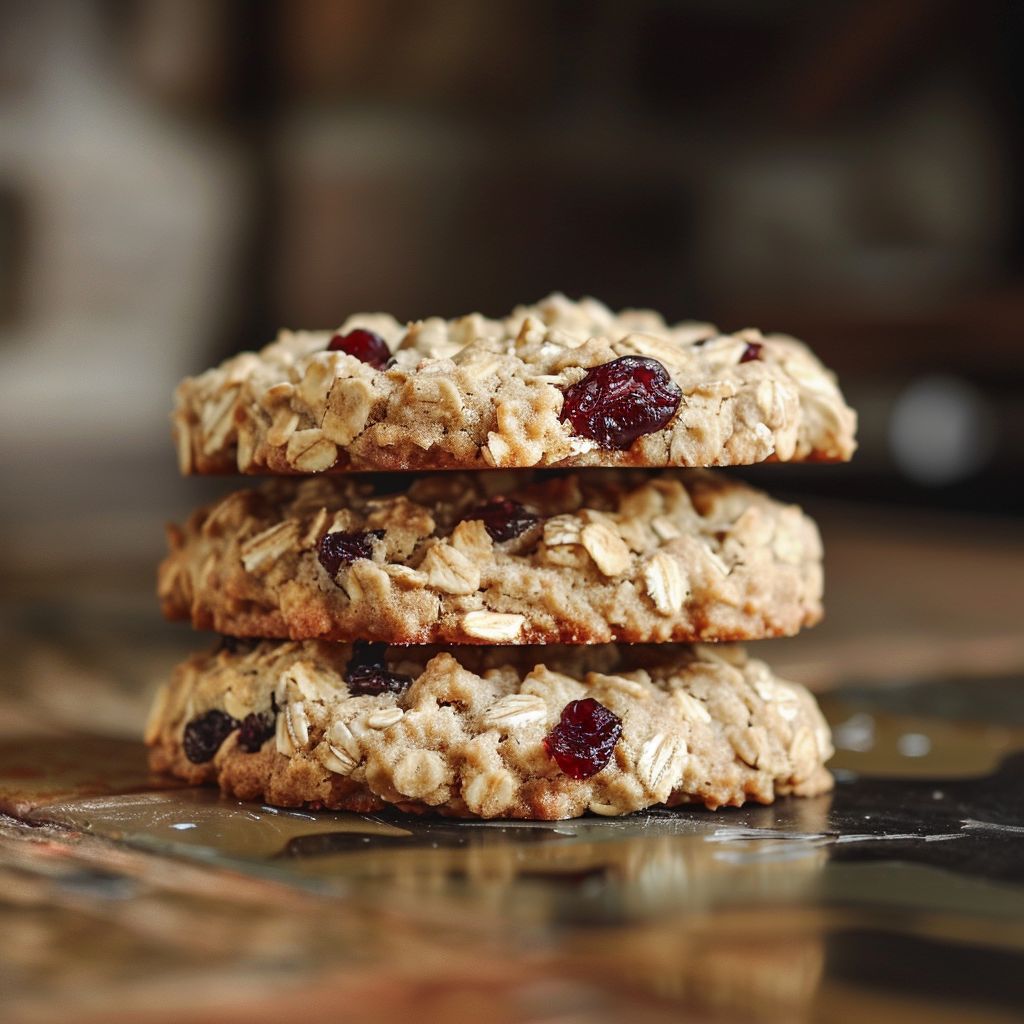 A close-up of freshly baked white chocolate oatmeal cranberry cookies on a rustic wooden surface.