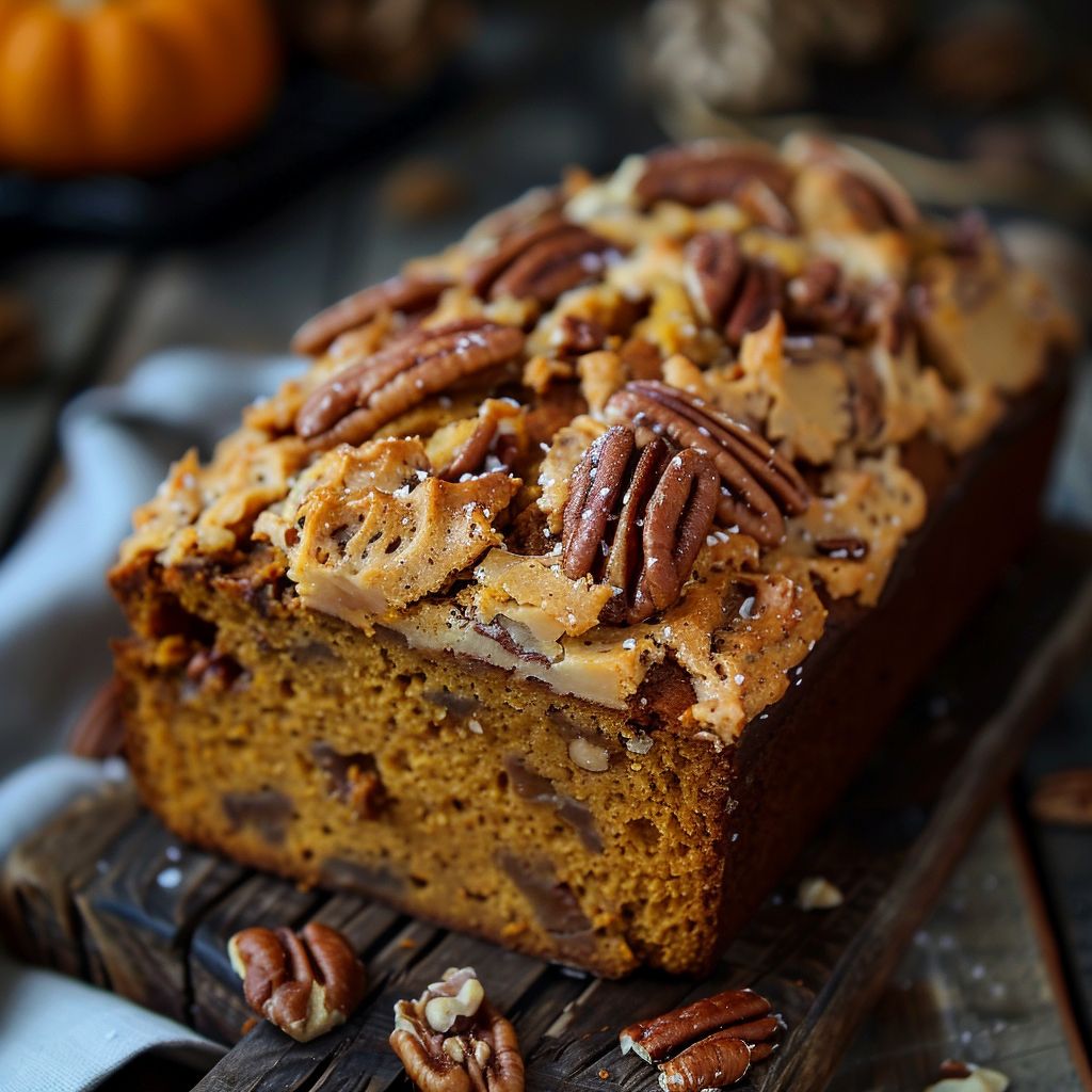 A slice of moist pumpkin bread topped with brown sugar and chopped pecans, displayed on a rustic wooden table.