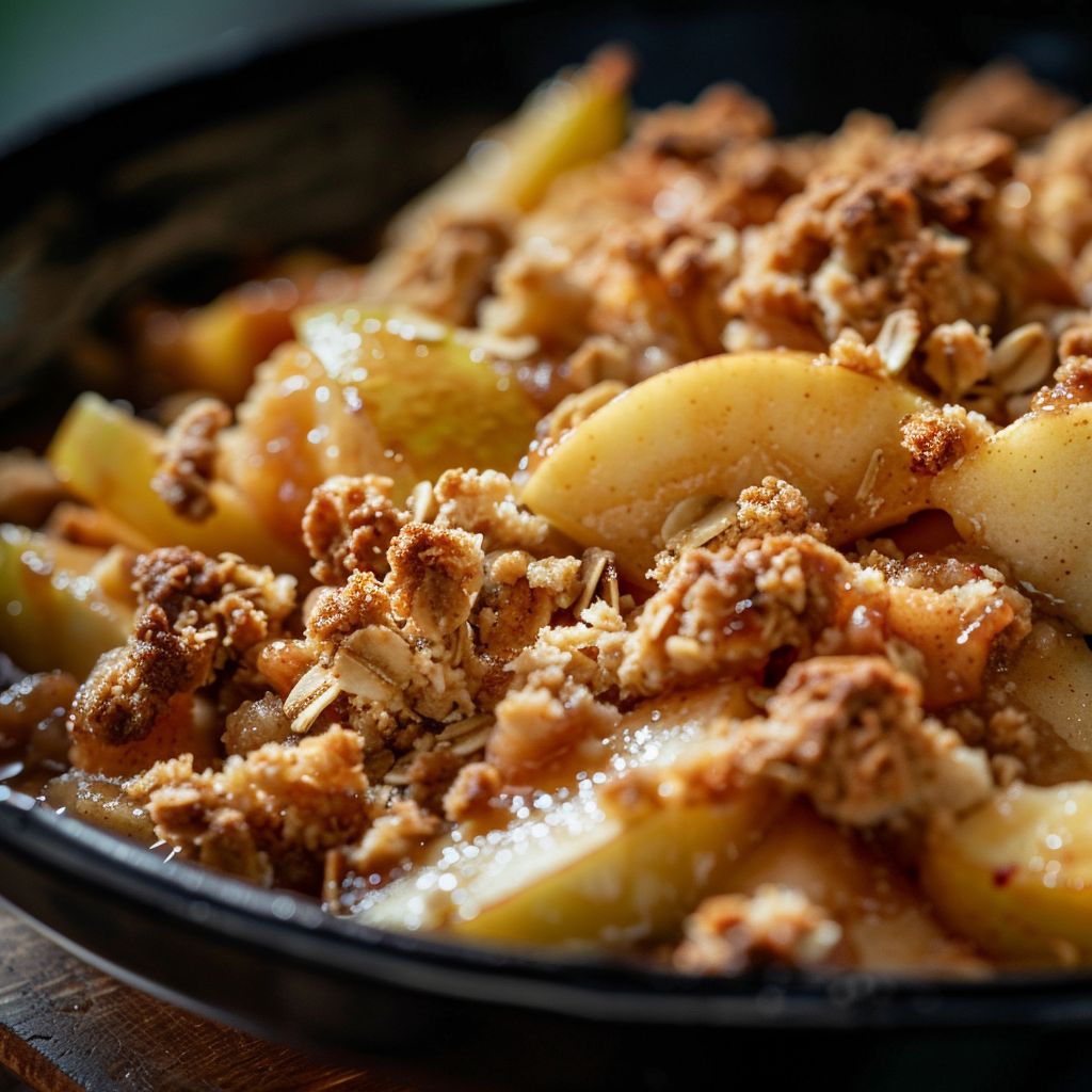 A warm serving of Classic Apple Crisp topped with golden buttery oats, served in a rustic bowl.