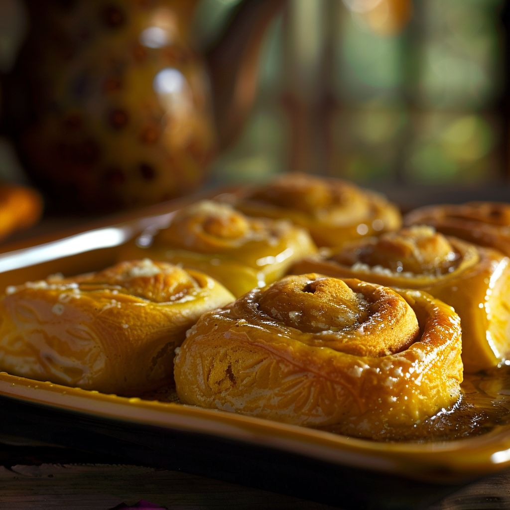 A close-up of freshly baked pumpkin bread rolls on a wooden surface.