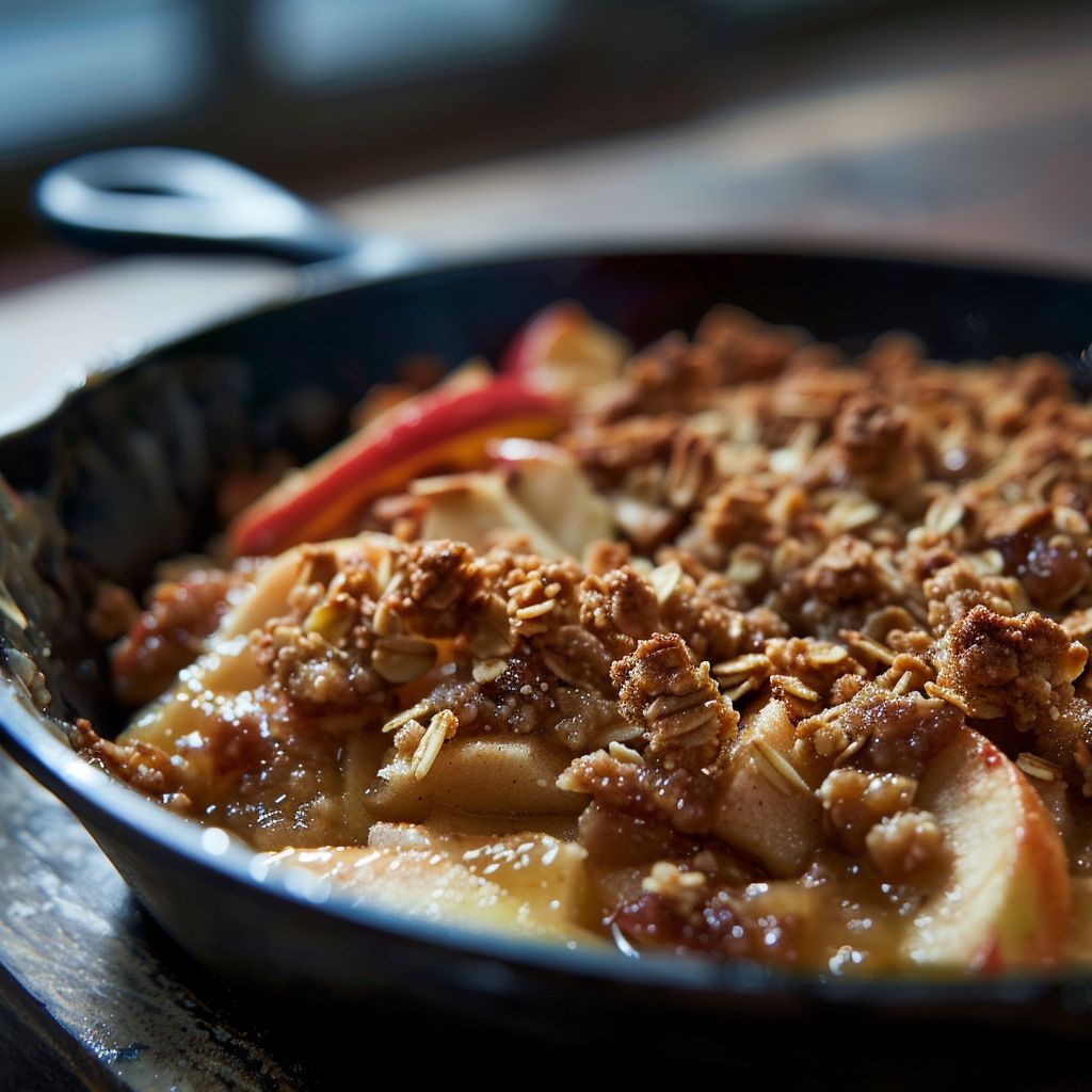 A freshly baked apple crisp topped with golden brown oats, served in a white dish, with a scoop of vanilla ice cream melting on the side.