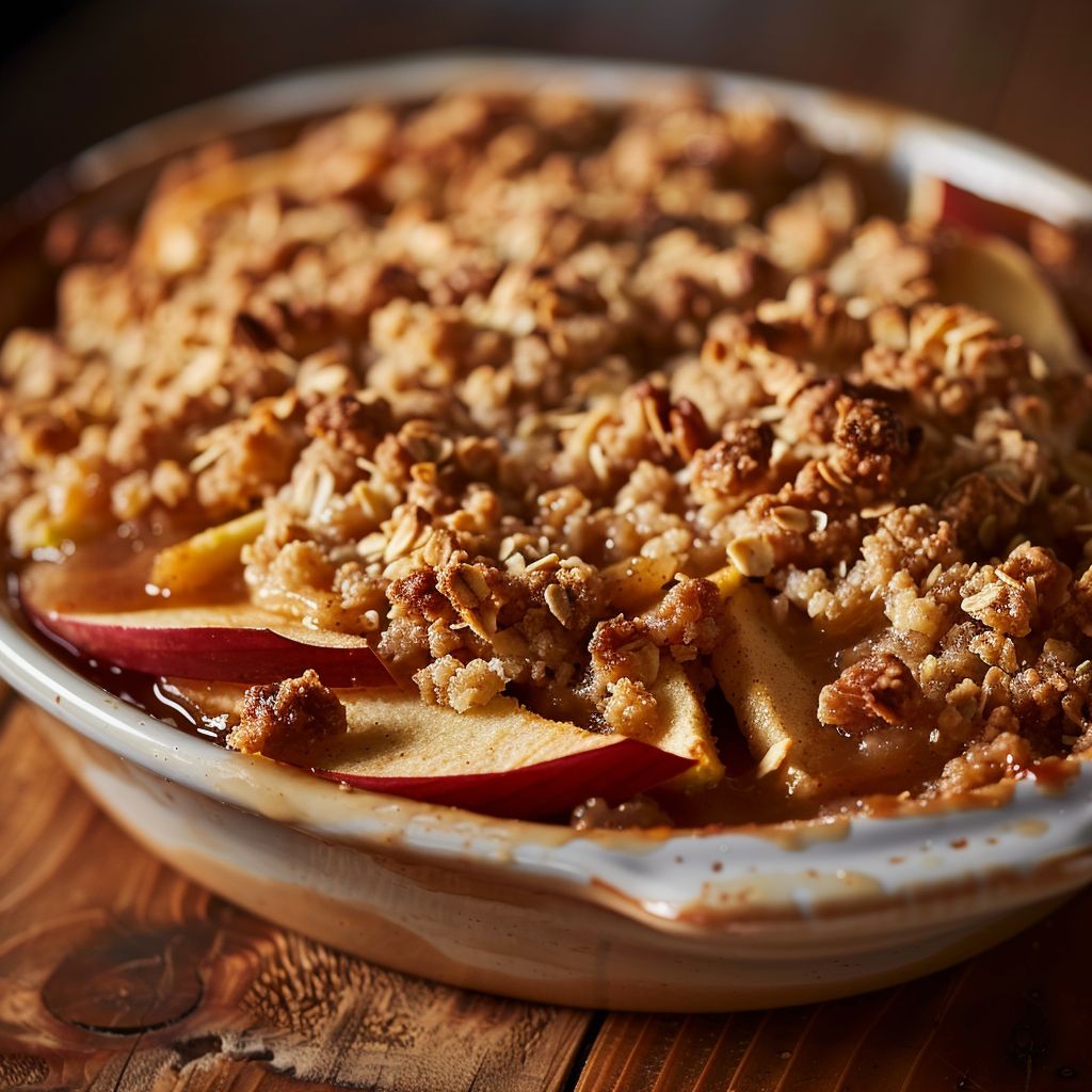A warm apple crisp dessert topped with golden-brown crumb topping and a scoop of vanilla ice cream.