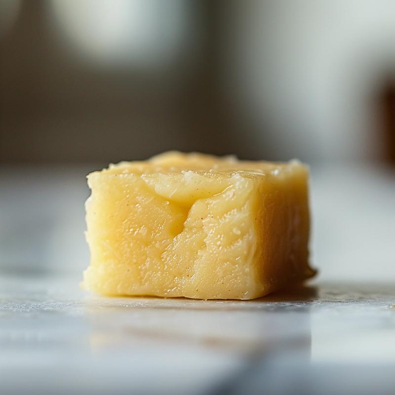 Close-up of smooth stage one baby food in a minimalist setting on white marble.