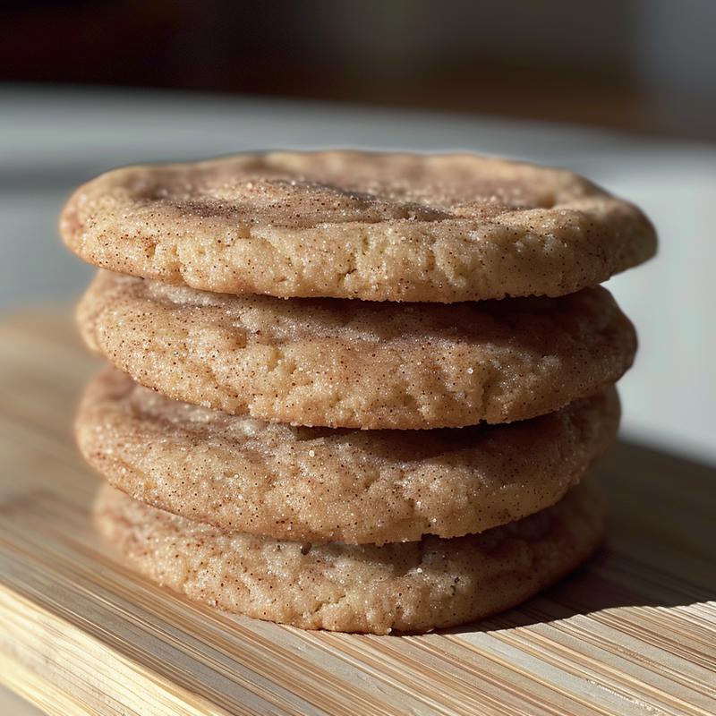 A close-up shot of vegan snickerdoodles on a light wood board, showcasing their texture and detail.