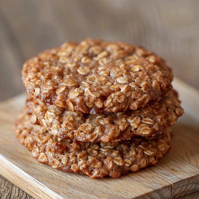 A stack of three freshly baked vegan oatmeal cookies on a light wood board with natural lighting.