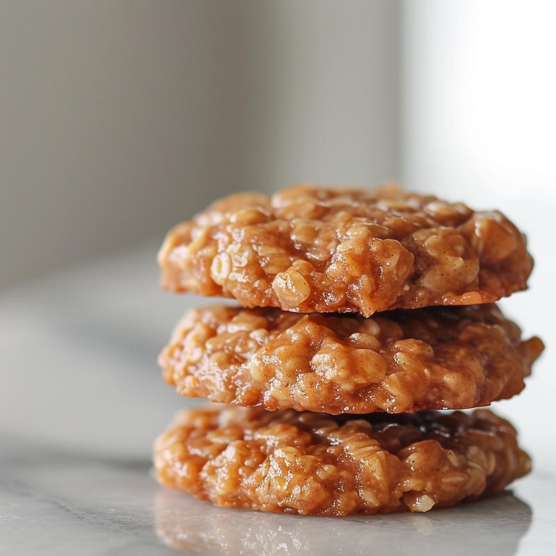 A close-up of three no bake cookies stacked on a white marble surface.