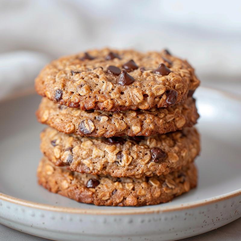 Three freshly baked oatmeal chocolate chip cookies stacked on a light grey ceramic plate.