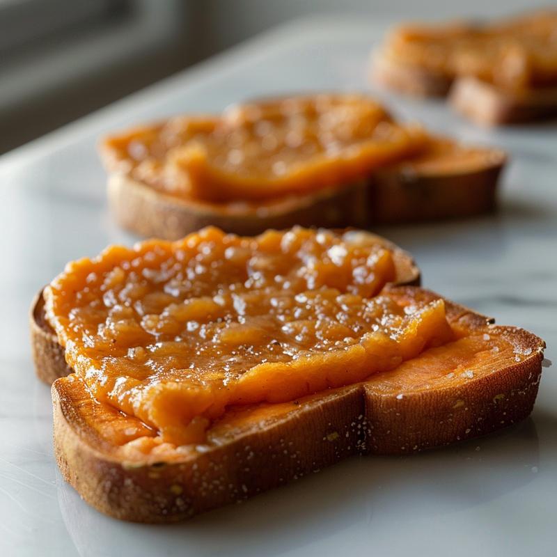 Close-up of a beautifully arranged slice of sweet potato toast on a white marble surface.
