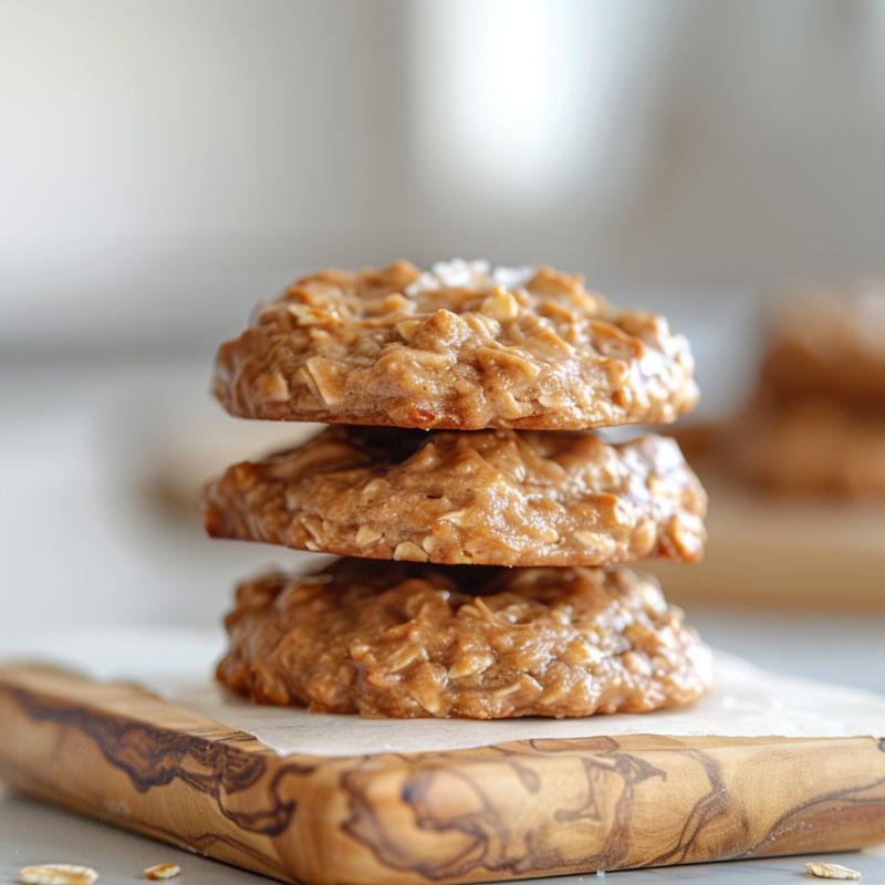 A close-up of three stacked no-bake cookies on a wooden board, showcasing their texture.
