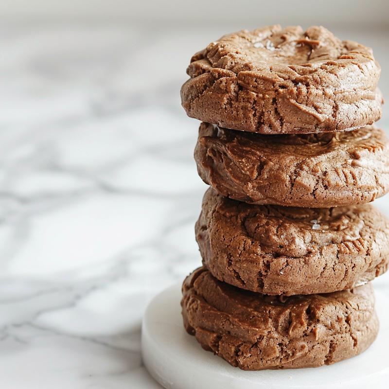 A close-up of three stacked gluten-free hot chocolate cookies on a white marble surface.