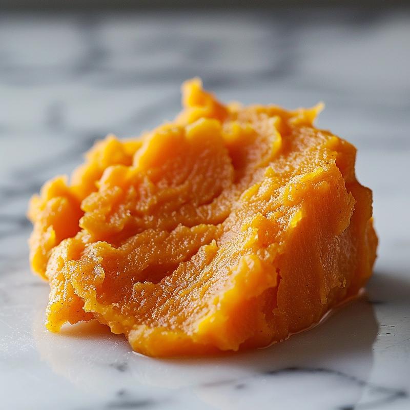 Close-up of three servings of sweet potato baby food puree on a white marble surface.