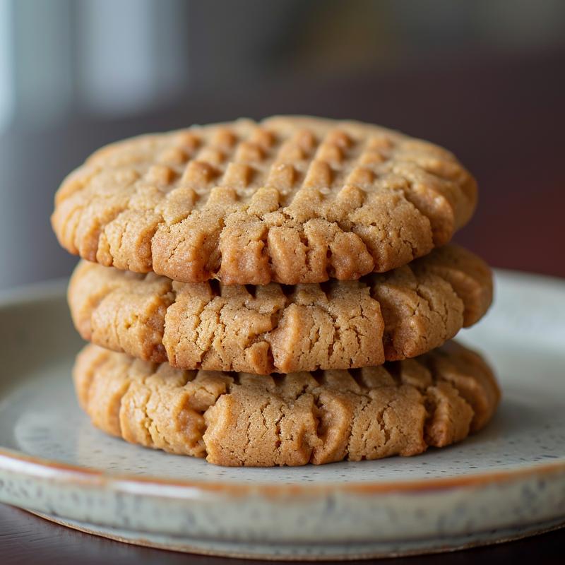 A close-up of a stack of three keto peanut butter cookies on a light grey plate.