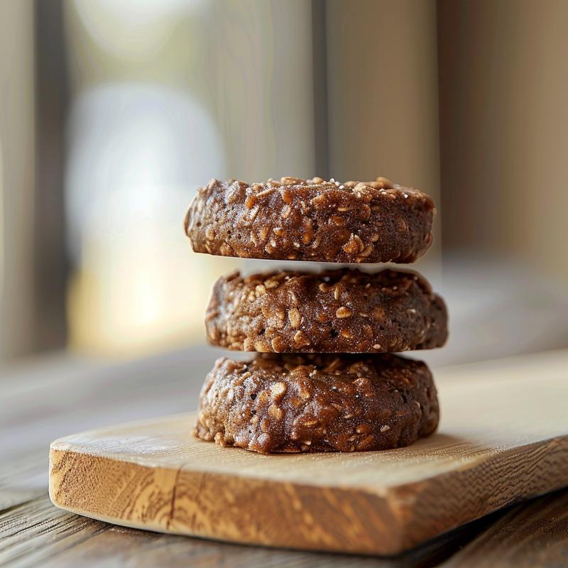 Three no bake Christmas cookies stacked on a light wood board with natural textures.