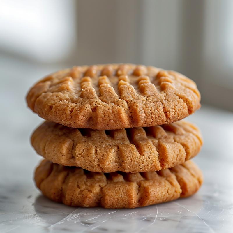 A close-up of three keto peanut butter cookies stacked on a white marble surface.