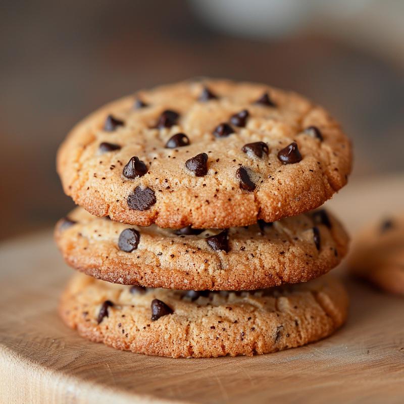 A close-up of a stack of three chewy almond flour chocolate chip cookies on a light wood surface.