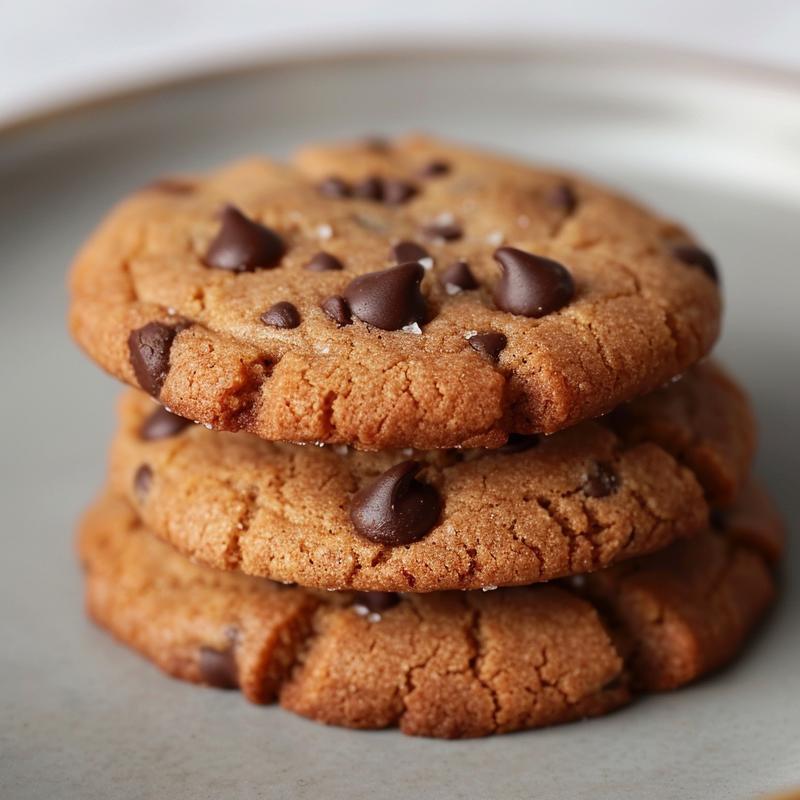 A stack of three sugar-free chocolate chip cookies on a light grey ceramic plate.