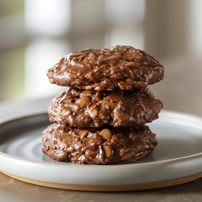 A close-up of three chocolate no-bake cookies stacked on a light grey ceramic plate.