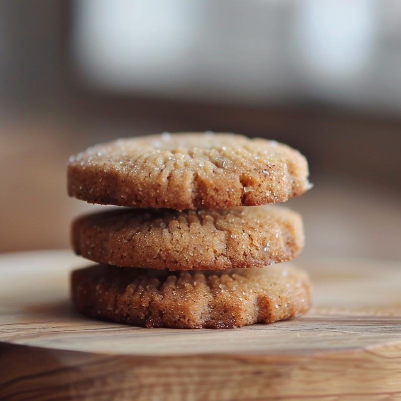 A close-up of three diabetic-friendly cookies stacked on a light wooden board.