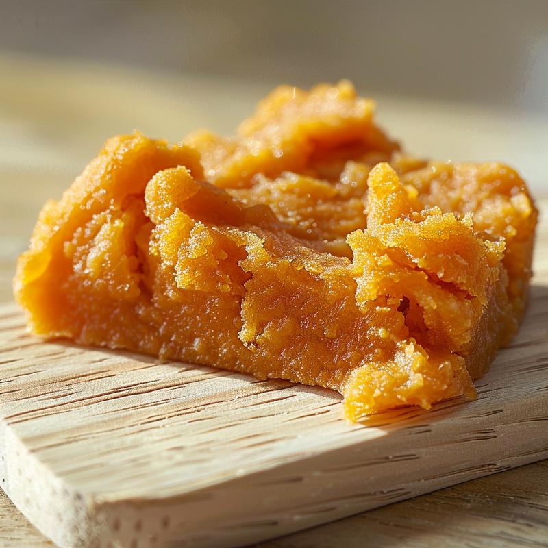 Close-up of creamy sweet potato baby food in a small dish on a wood board, showcasing its smooth texture.