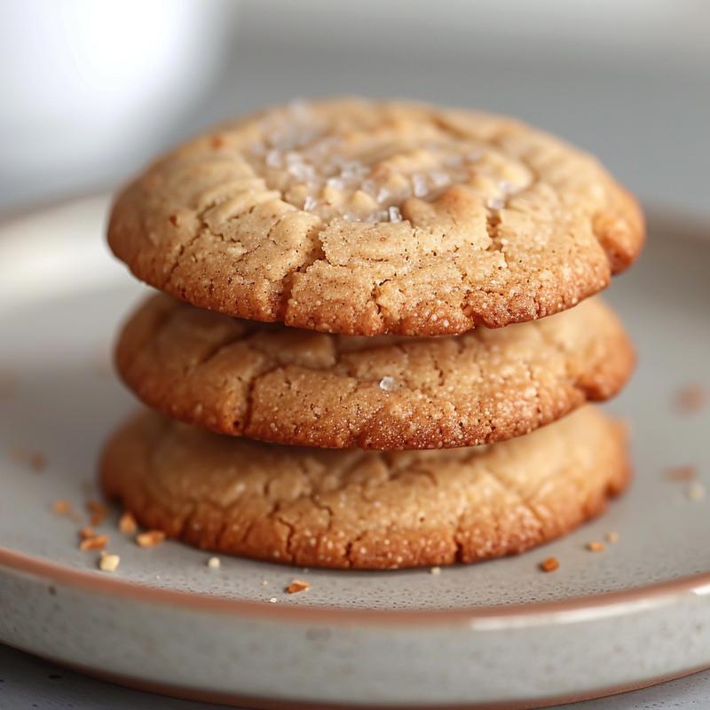 A close-up view of three soft almond flour cookies stacked on a light grey ceramic plate.