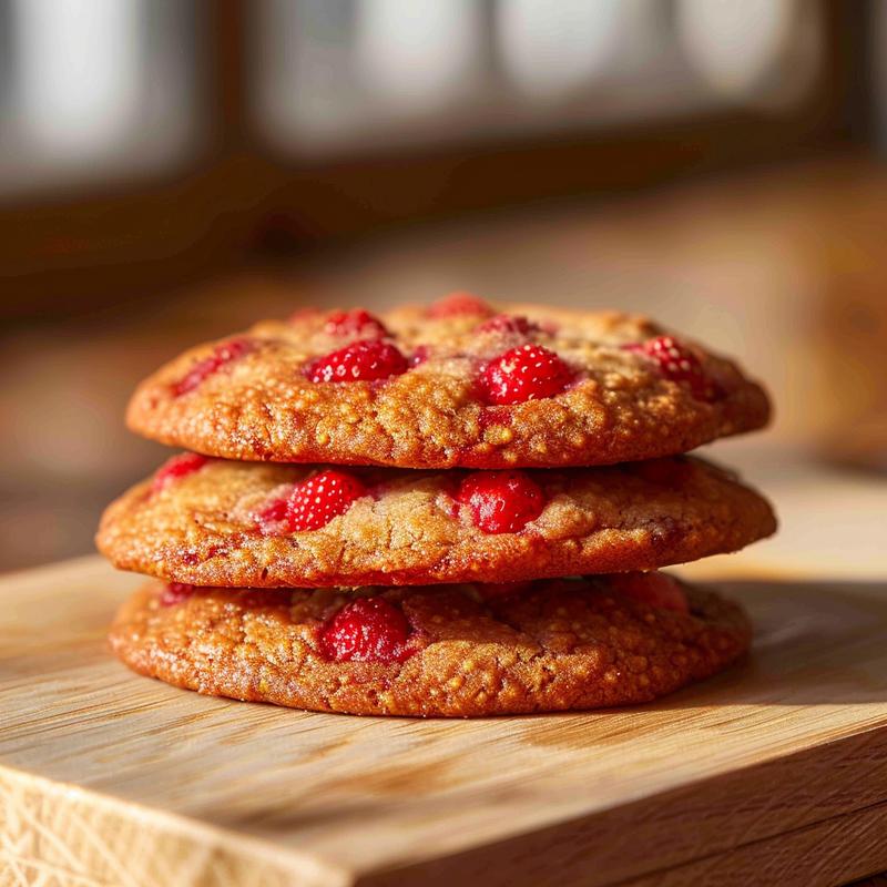 A close-up view of three stacked strawberry cream cheese cookies on a wooden board.
