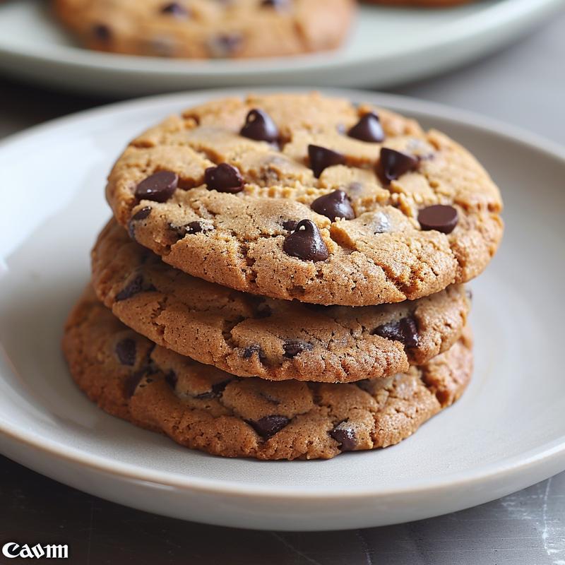A stack of three dairy-free chocolate chip cookies on a light grey ceramic plate.