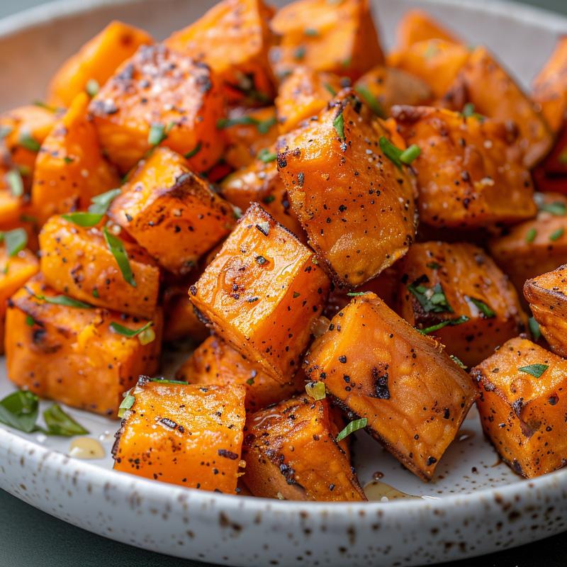 Close-up of golden-brown air fryer sweet potato cubes on a light grey ceramic plate.