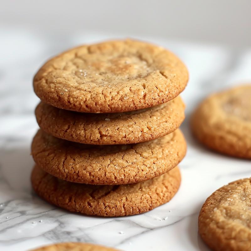 A close-up of a stack of three eggless cookies on a white marble surface, illuminated by natural light.