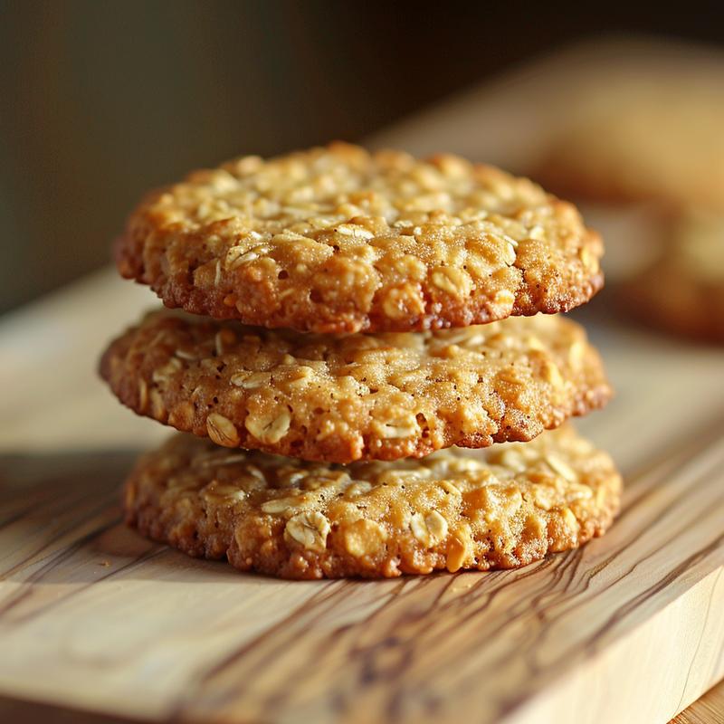 A close-up of a stack of three oatmeal cookies on a light wood surface.