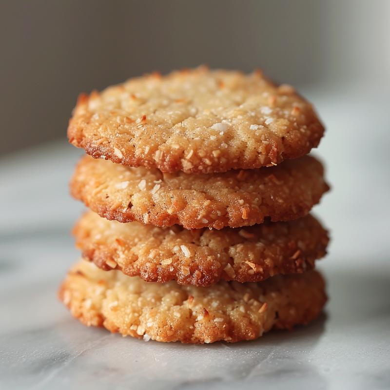 A close-up view of three eggless coconut cookies stacked on a white marble surface.