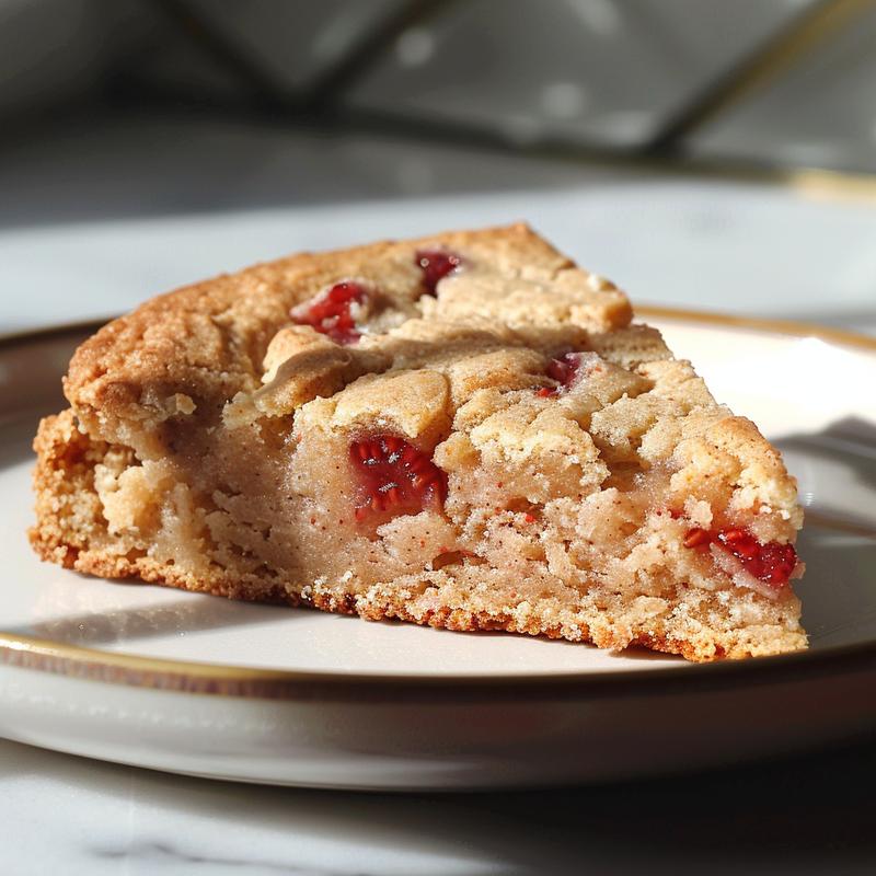 A perfect slice of strawberry cake mix cookies on a minimalist white plate against a marble background.