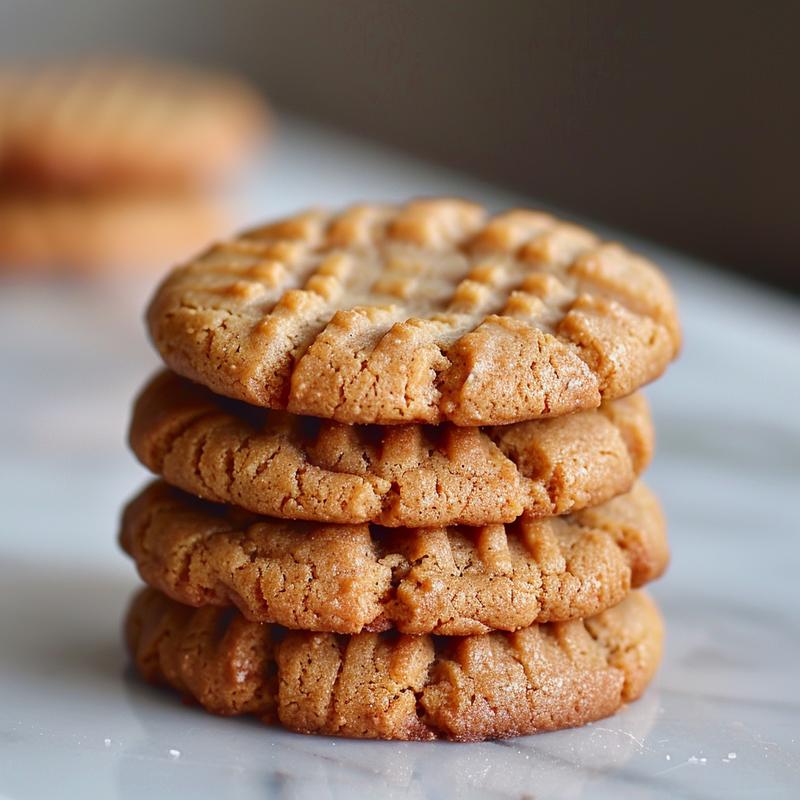 Three freshly baked eggless peanut butter cookies stacked on a white marble surface.