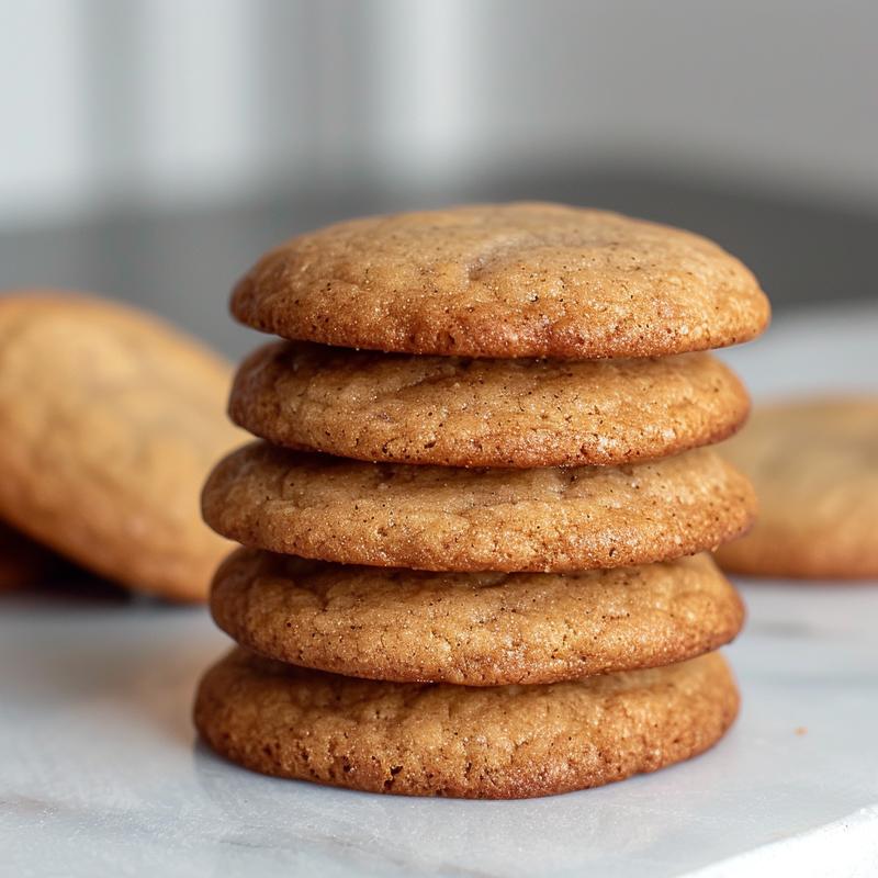 A close-up of three freshly baked air fryer cookies stacked on a white marble surface.