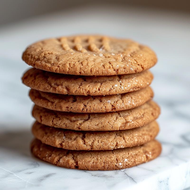 A stack of three freshly baked cookies without eggs on a white marble surface.