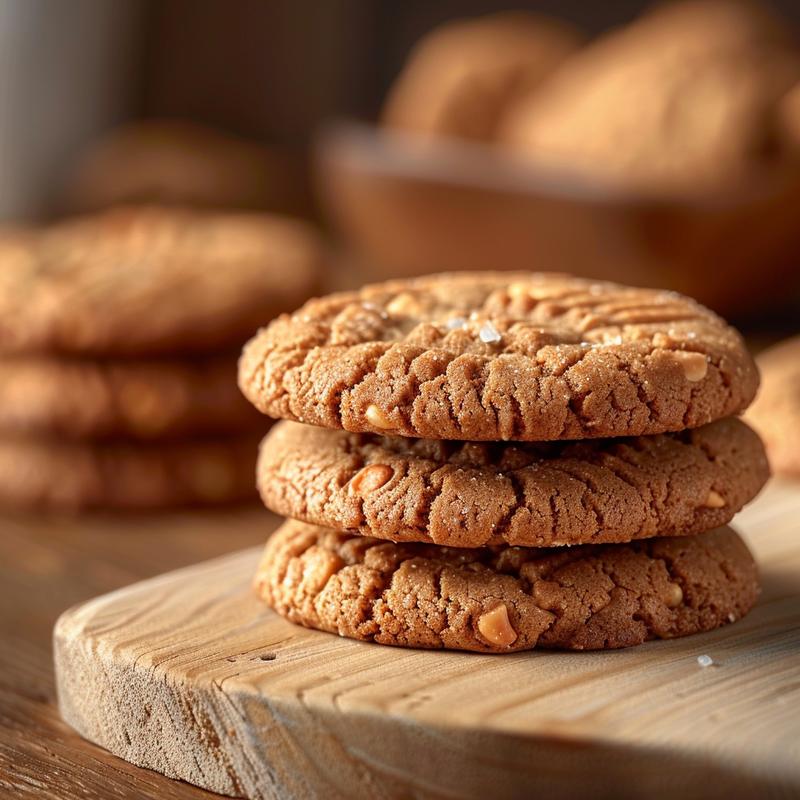 A close-up of three freshly baked nut-free cookies stacked on a light wood board.