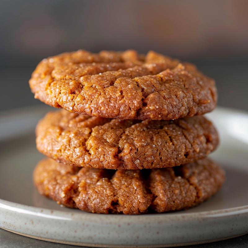 A close-up of a stack of three golden-brown pumpkin cookies on a light grey plate.