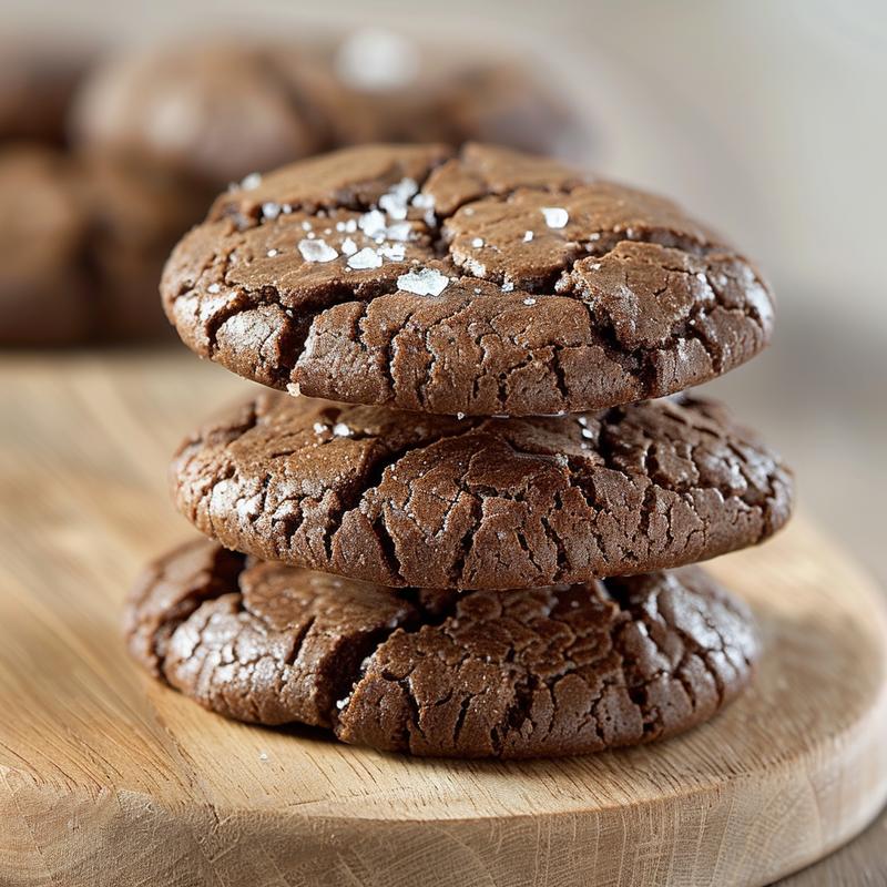 A stack of three gluten-free chocolate crinkle cookies on a light wood surface.