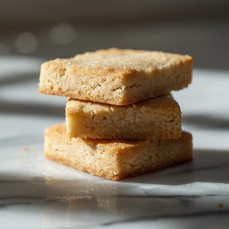 A close-up of three stacked gluten-free vegan shortbread cookies on a white marble surface.