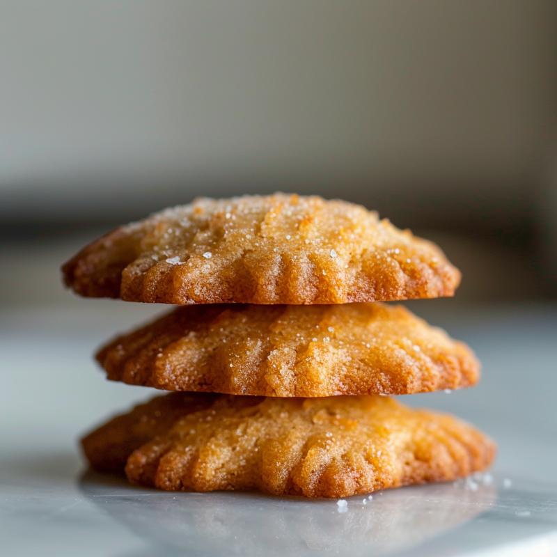 Close-up of three stacked pignoli cookies on a white marble surface.