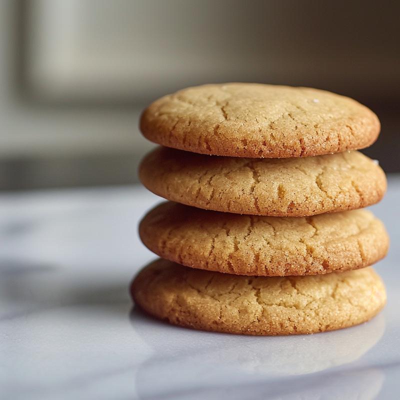 A close-up of a stack of three golden-brown butter cookies on a white marble surface.
