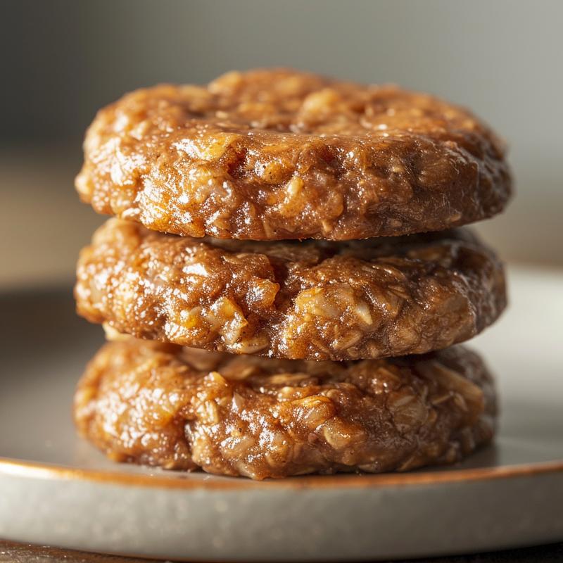 Close-up of three stacked healthier no bake cookies on a grey plate.