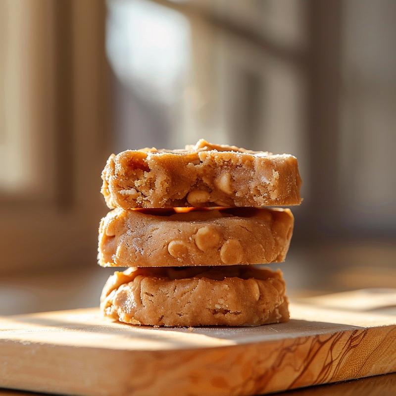 Close-up of a stacked trio of no-bake cookie dough cookies on a wooden surface.