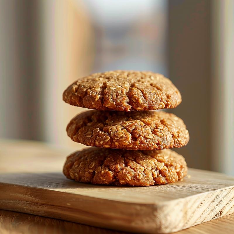 A close-up view of three protein breakfast cookies stacked on a light wood board.