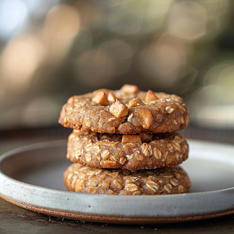 Close-up of three peanut butter oatmeal protein cookies stacked on a light grey ceramic plate.