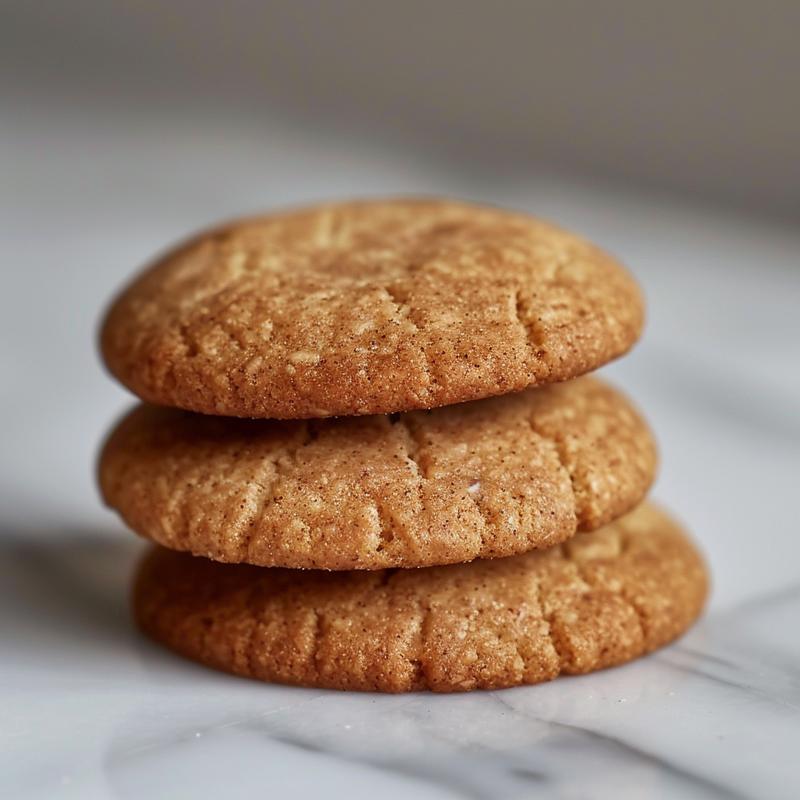 A close-up of three stacked almond flour cookies on a marble surface, with a soft focus background.