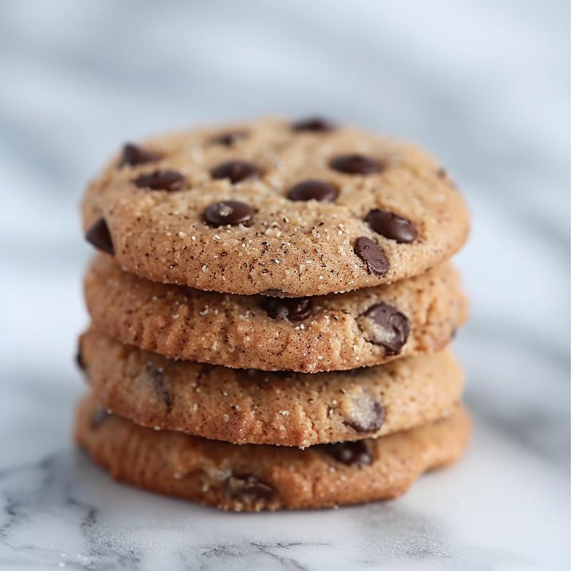 A close-up of three gluten-free almond flour chocolate chip cookies stacked on a white marble surface.